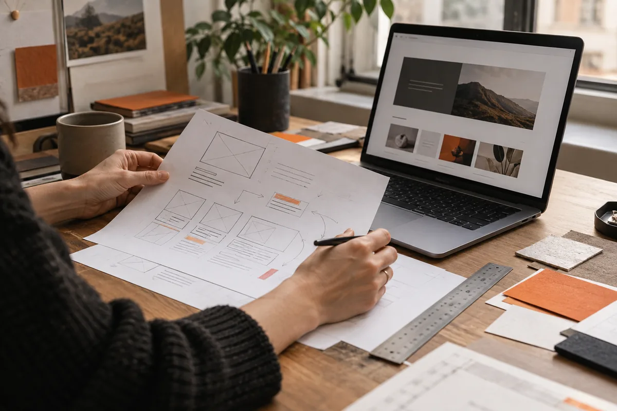 Relecture d’une structure de site imprimée à côté d’un ordinateur portable