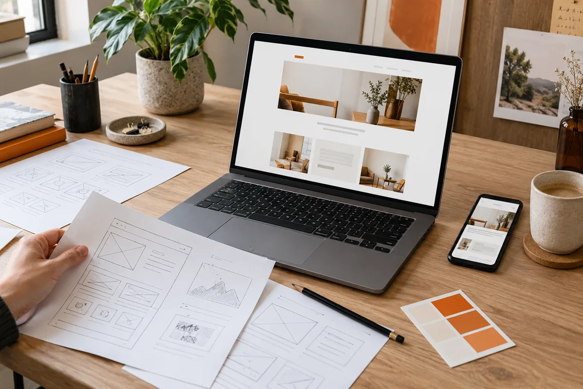 Poste de travail avec une maquette de site, des wireframes imprimés et son affichage mobile