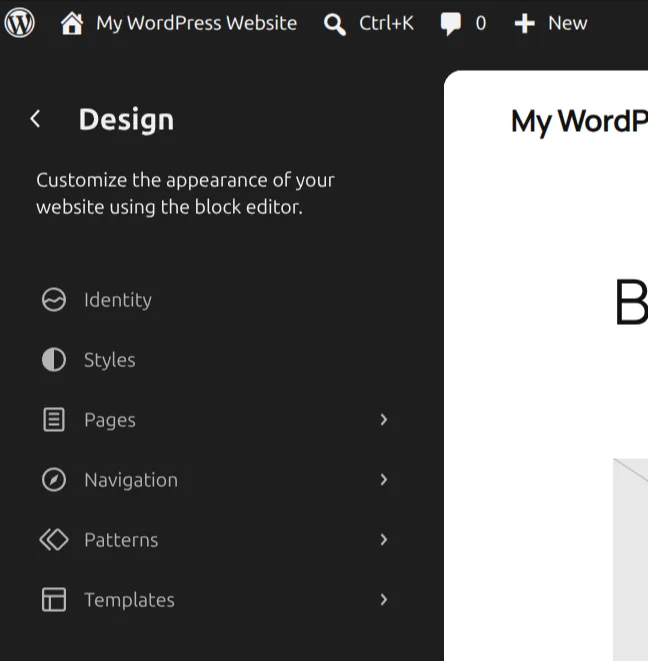 Le menu de l’éditeur de site WordPress rassemble les styles, les pages, la navigation, les compositions et les modèles.