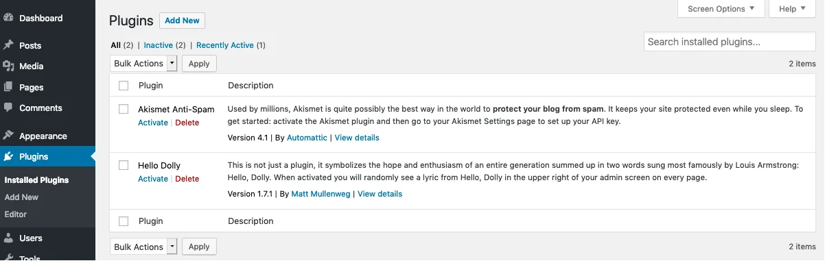 Liste des extensions et commandes d’activation dans l’administration WordPress