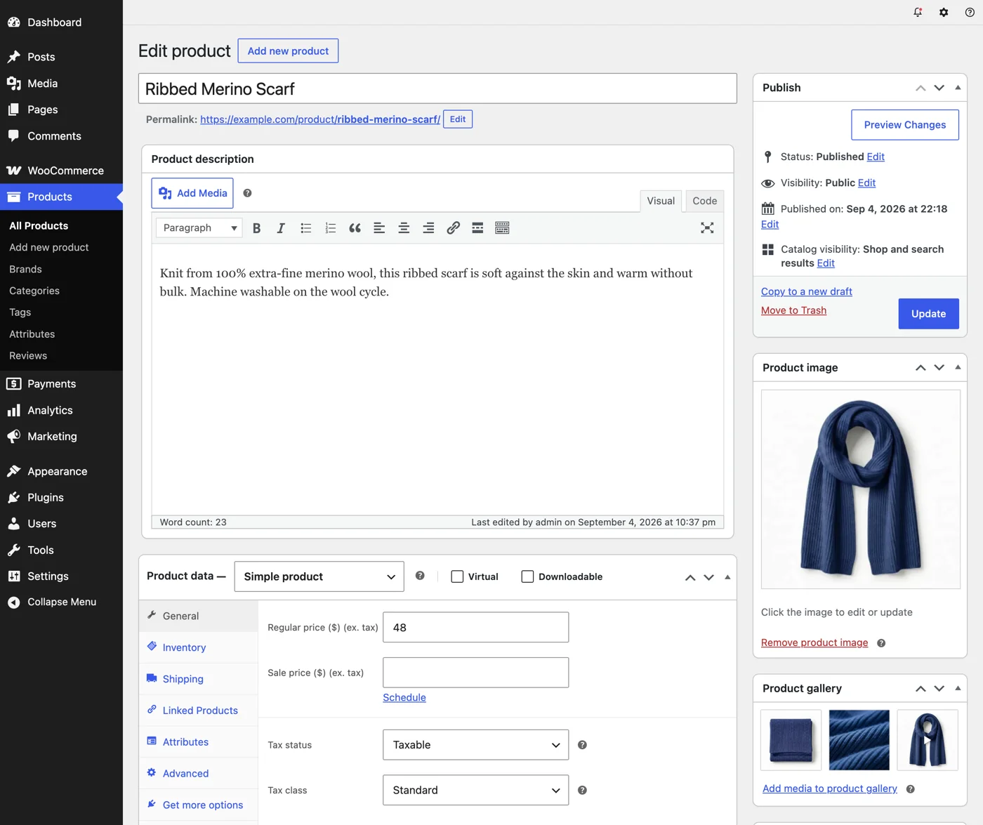 Édition d’un produit WooCommerce : description, image, prix et stock